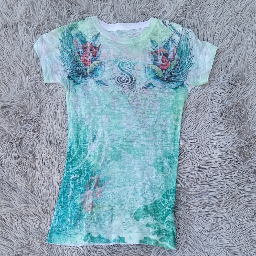 Vintage Sinful Green and White Burnout Short Sleeve Tee